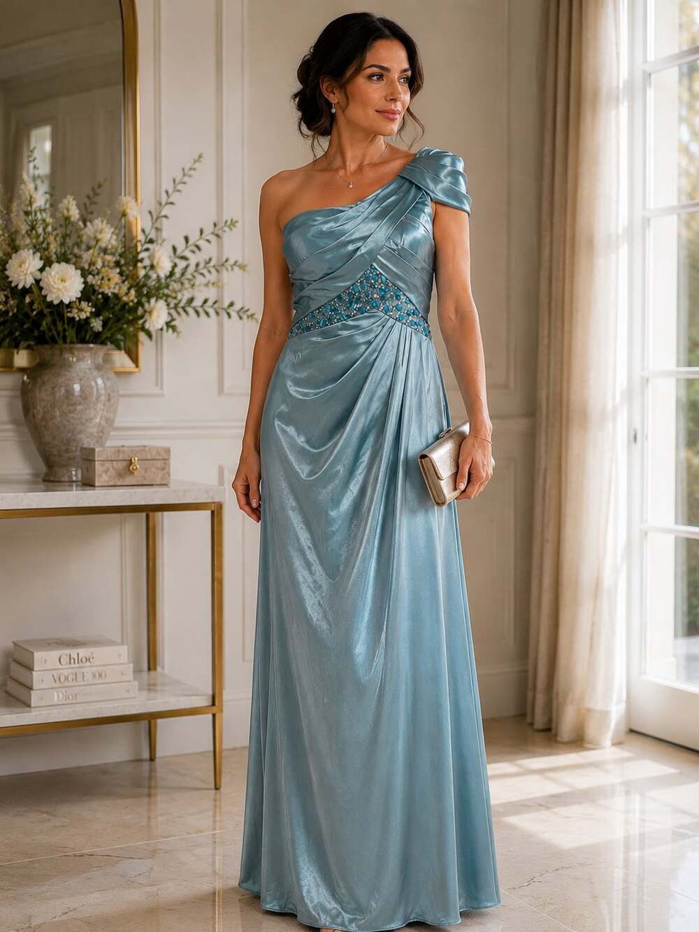 NWOT One-Shoulder Satin Ruched Evening Gown with Beaded Waist Detail size 8